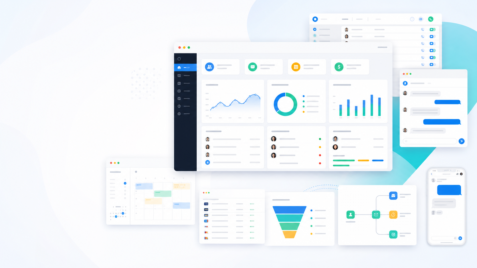 Marketing automation dashboard showing CRM, conversations, analytics, funnels, calendars, and workflows